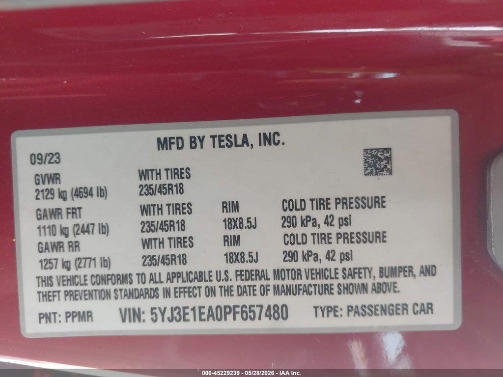5YJ3E1EA0PF657480 2023 TESLA MODEL 3 photo no. 9