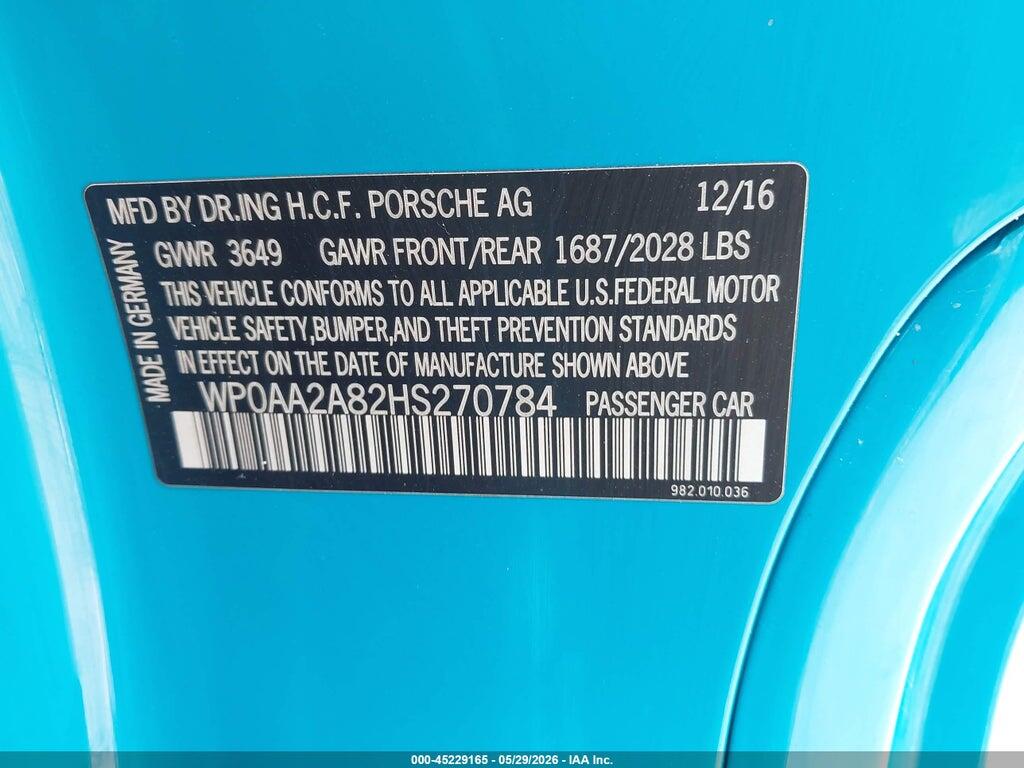 WP0AA2A82HS270784 2017 PORSCHE 718 CAYMAN photo no. 9