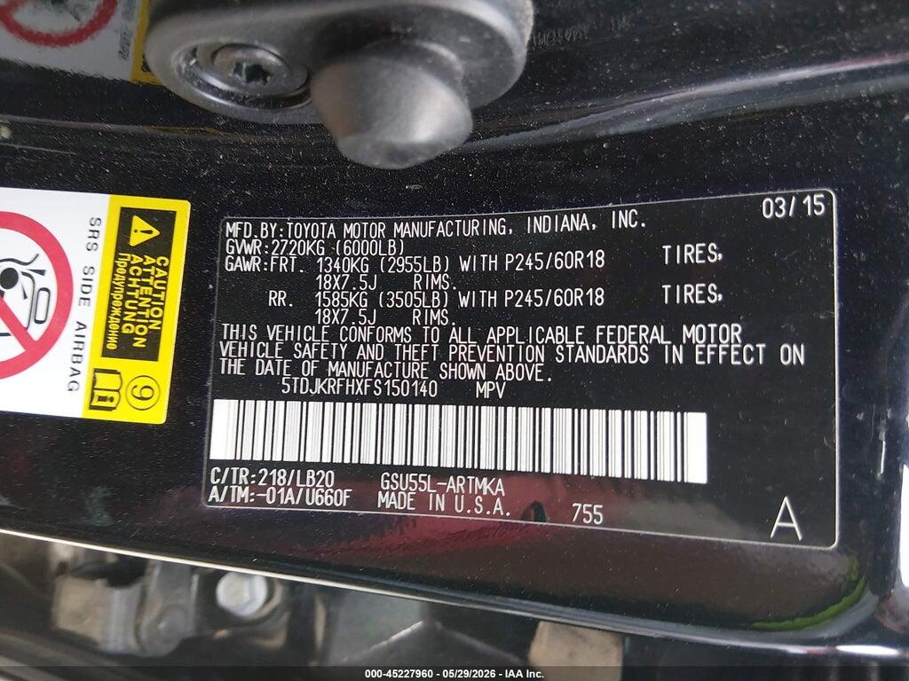 5TDJKRFHXFS150140 2015 TOYOTA HIGHLANDER photo no. 9