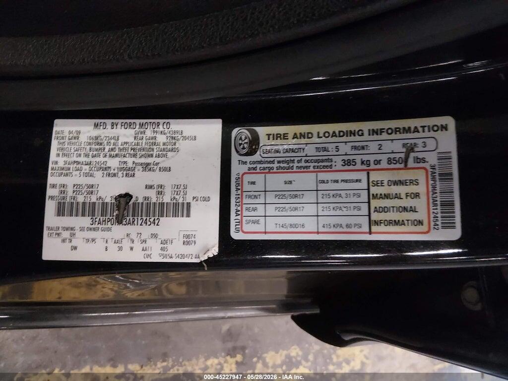 3FAHP0HA3AR124542 2010 FORD FUSION photo no. 9