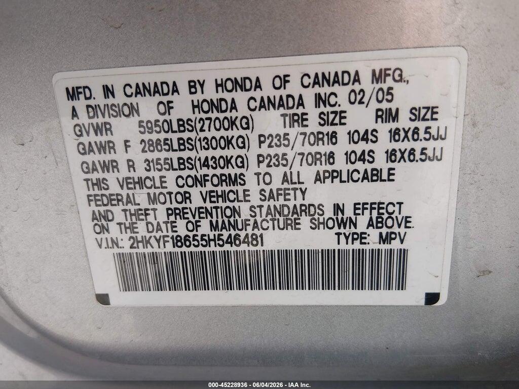 2HKYF18655H546481 2005 HONDA PILOT photo no. 9