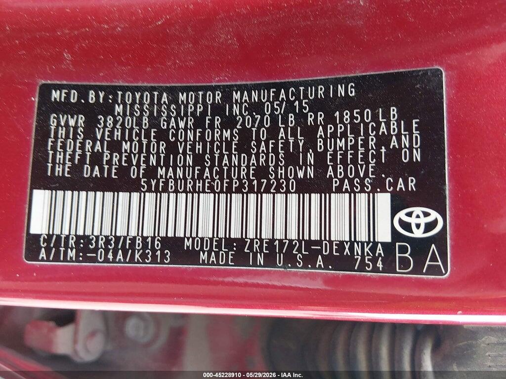 5YFBURHE0FP317230 2015 TOYOTA COROLLA photo no. 9