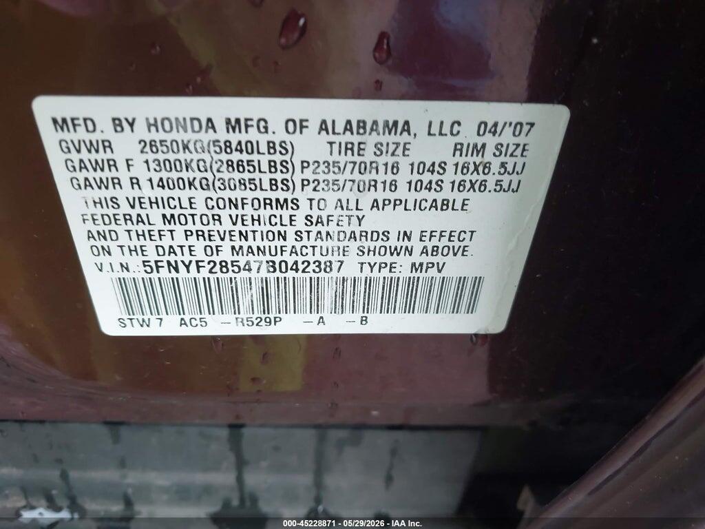 5FNYF28547B042387 2007 HONDA PILOT photo no. 9