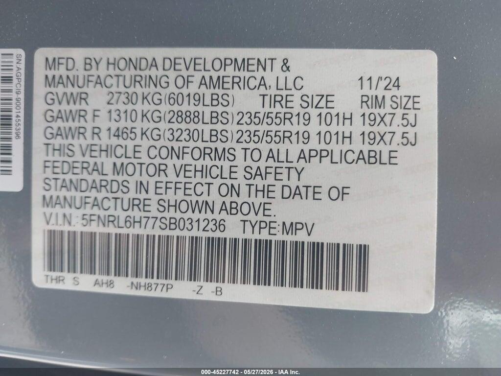 5FNRL6H77SB031236 2025 HONDA ODYSSEY photo no. 9
