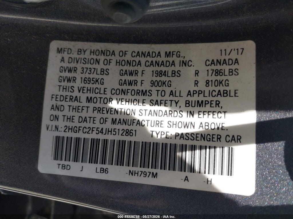 2HGFC2F54JH512861 2018 HONDA CIVIC photo no. 9