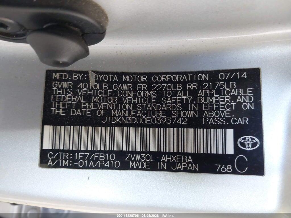 JTDKN3DU0E0393742 2014 TOYOTA PRIUS photo no. 9