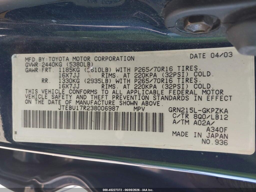 JTEBU17R238006987 2003 TOYOTA 4RUNNER photo no. 9