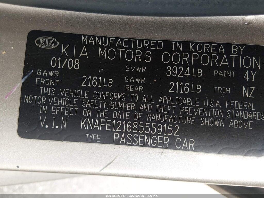 KNAFE121685559152 2008 KIA SPECTRA photo no. 9