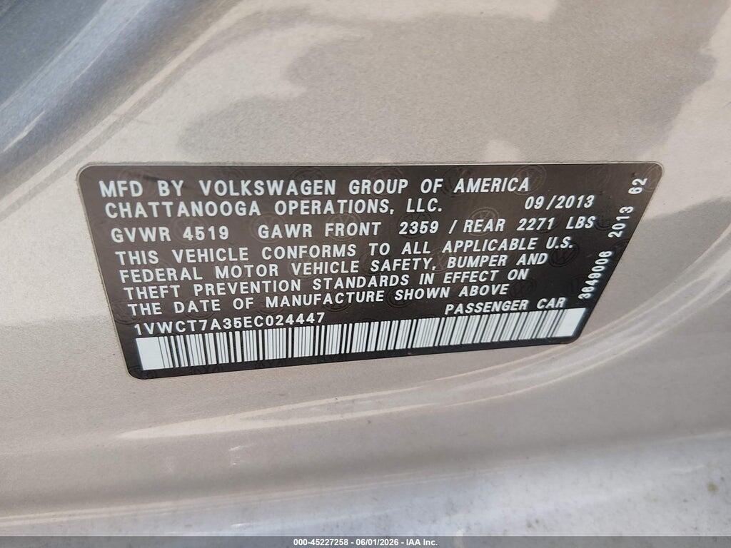 1VWCT7A35EC024447 2014 VOLKSWAGEN PASSAT photo no. 9
