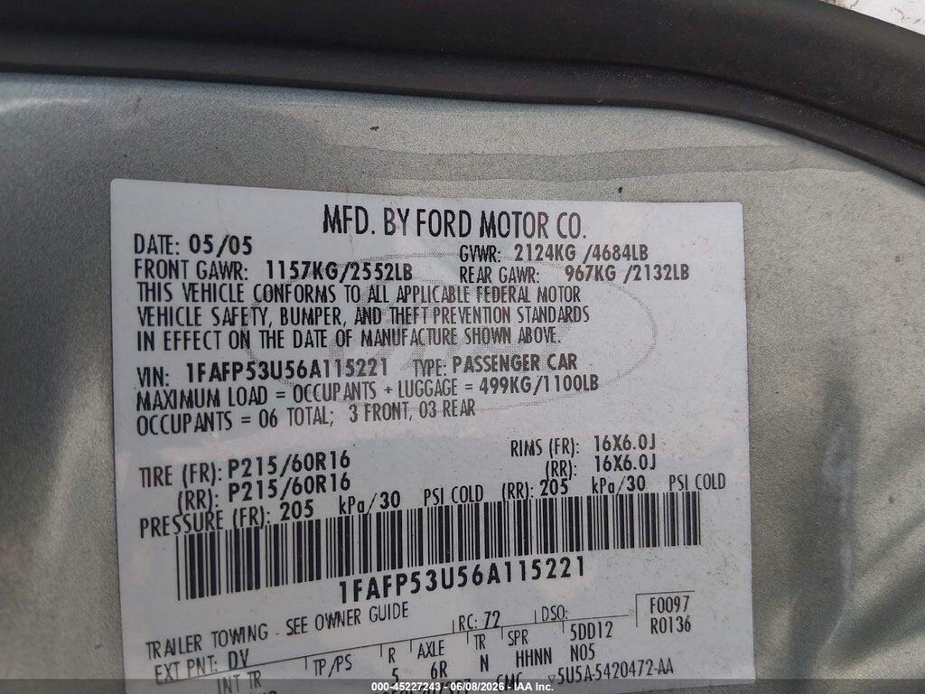 1FAFP53U56A115221 2006 FORD TAURUS photo no. 9
