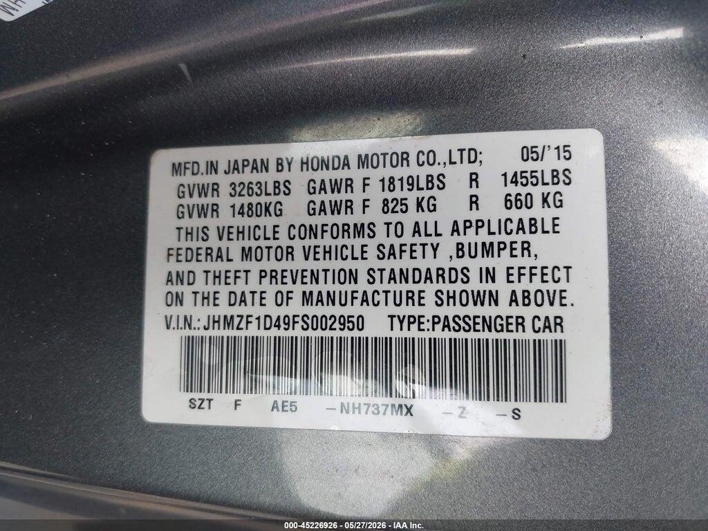 JHMZF1D49FS002950 2015 HONDA CR-Z photo no. 9
