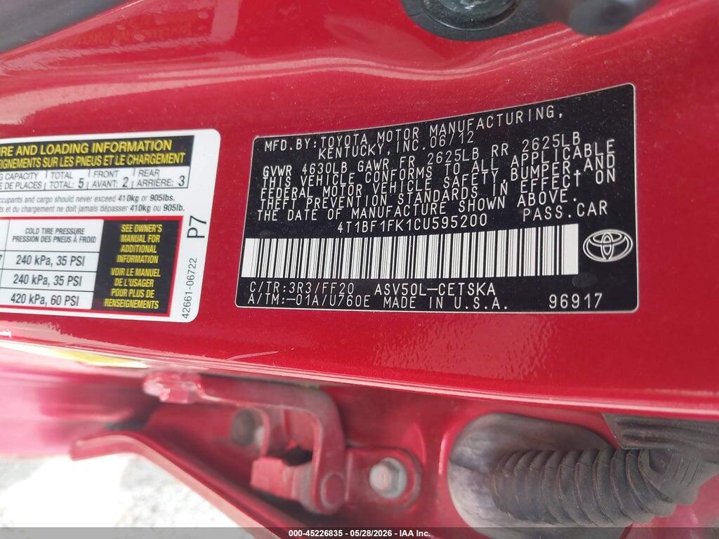4T1BF1FK1CU595200 2012 TOYOTA CAMRY photo no. 9