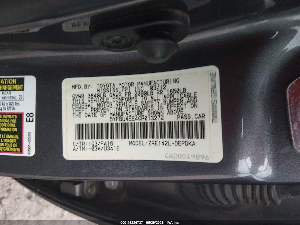 5YFBU4EE4CP013272 2012 TOYOTA COROLLA photo no. 9