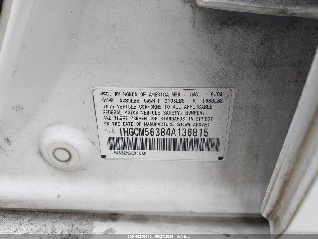 1HGCM56384A136815 2004 HONDA ACCORD photo no. 9