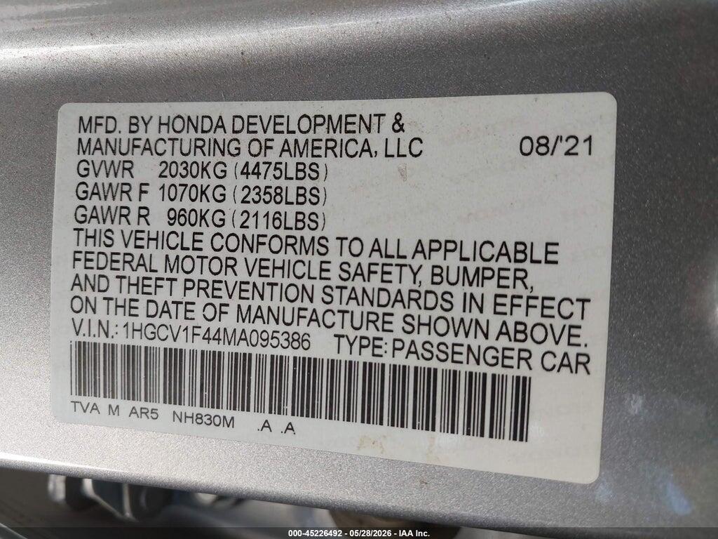1HGCV1F44MA095386 2021 HONDA ACCORD photo no. 9