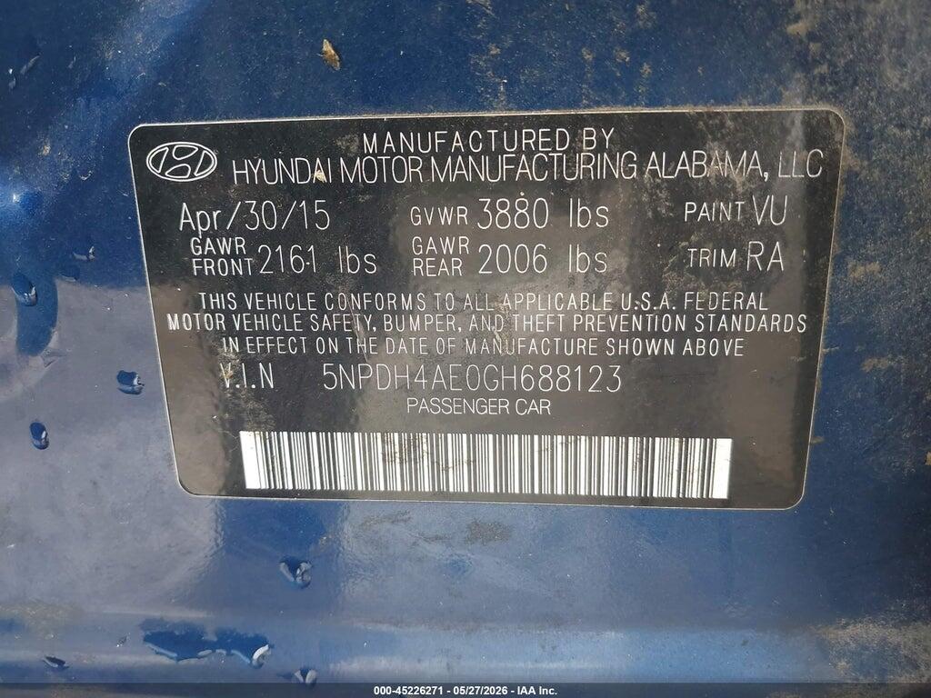 5NPDH4AE0GH688123 2016 HYUNDAI ELANTRA photo no. 9
