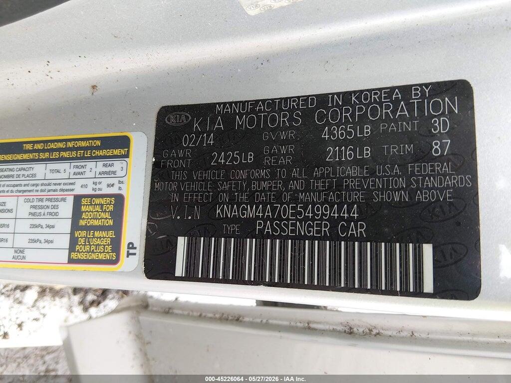 KNAGM4A70E5499444 2014 KIA OPTIMA photo no. 9