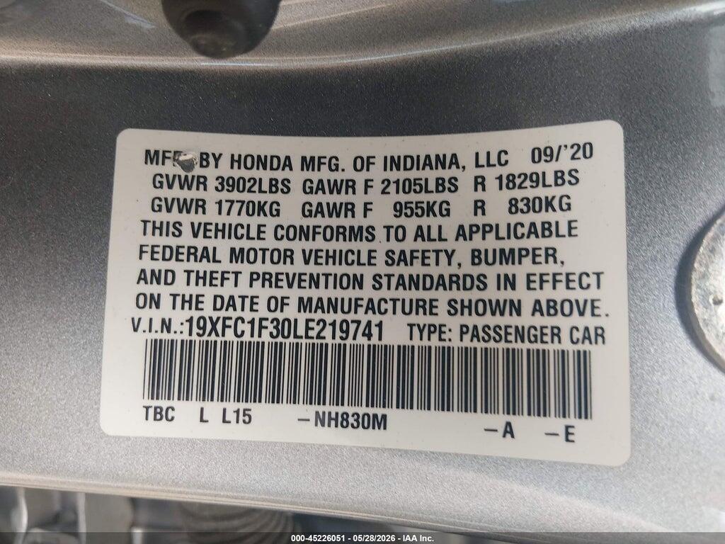19XFC1F30LE219741 2020 HONDA CIVIC photo no. 9