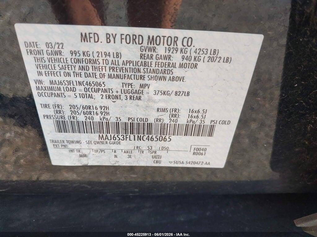 MAJ6S3FL1NC465065 2022 FORD ECOSPORT photo no. 9