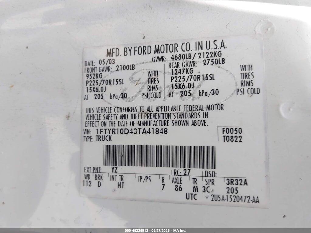 1FTYR10D43TA41848 2003 FORD RANGER photo no. 9