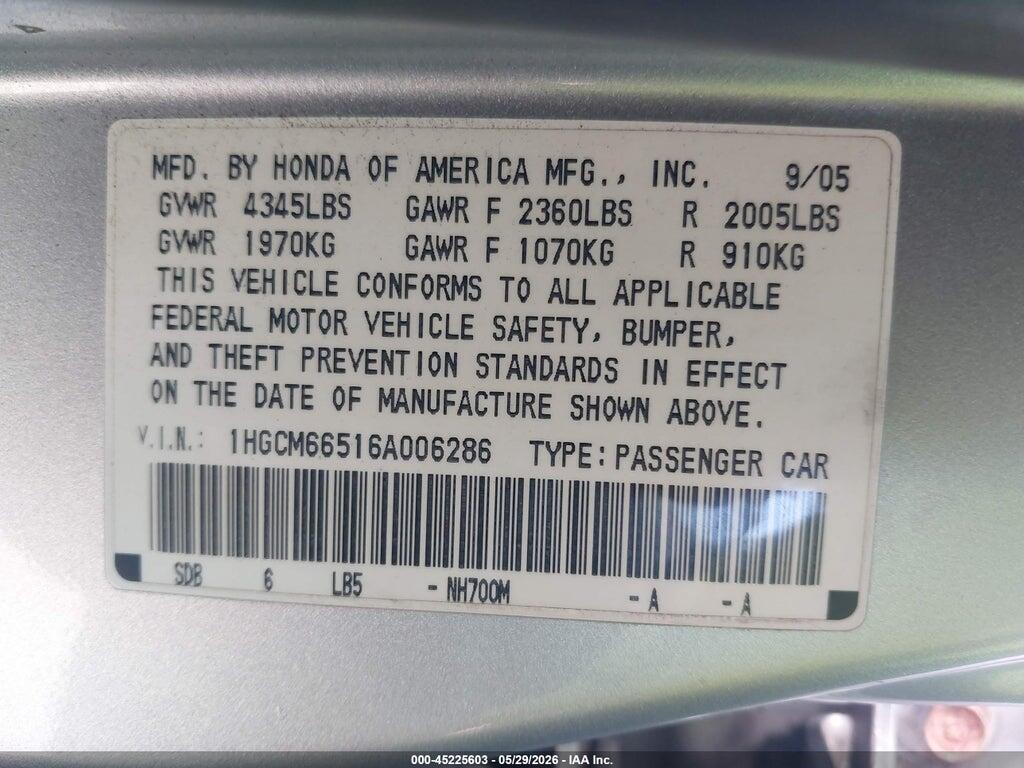 1HGCM66516A006286 2006 HONDA ACCORD photo no. 9