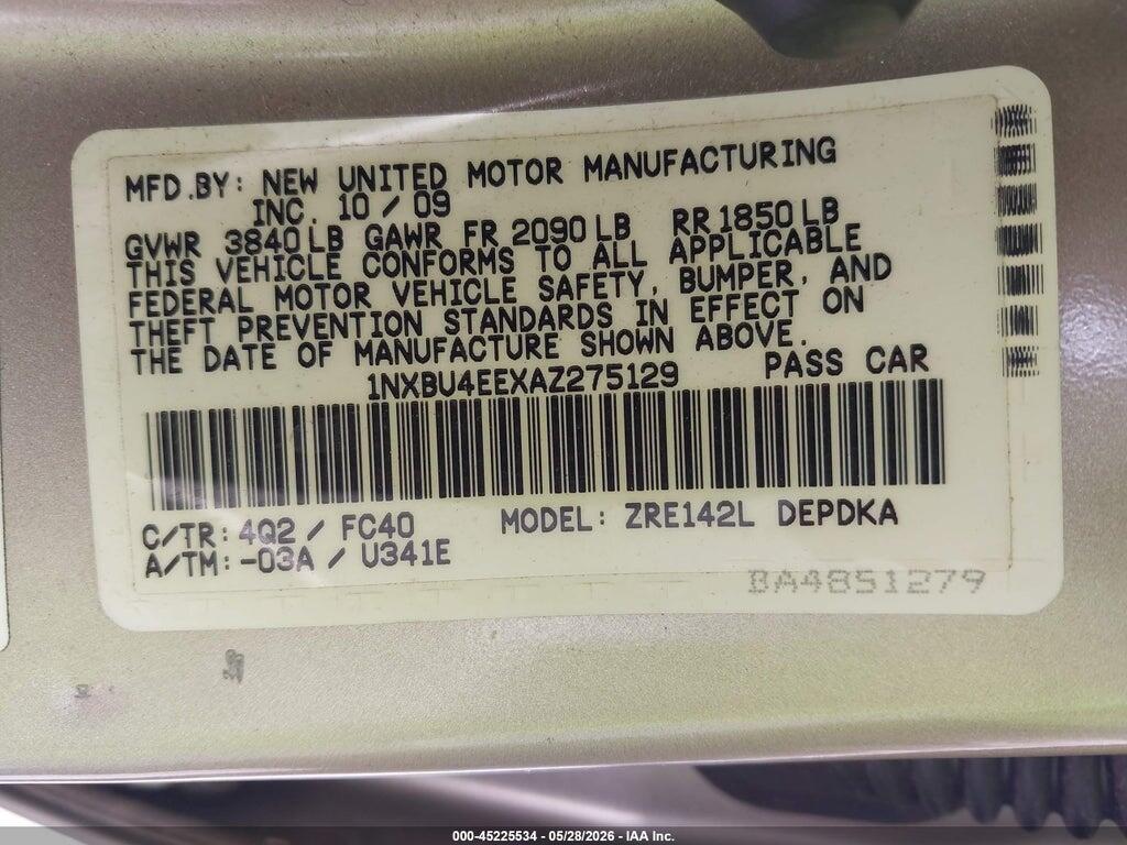 1NXBU4EEXAZ275129 2010 TOYOTA COROLLA photo no. 9