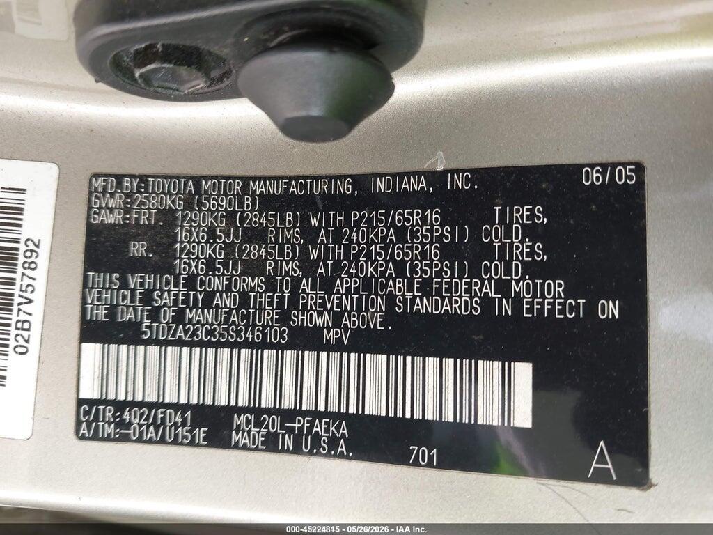5TDZA23C35S346103 2005 TOYOTA SIENNA photo no. 9