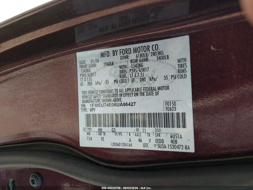 1FMEU74E06UA96427 2006 FORD EXPLORER photo no. 9