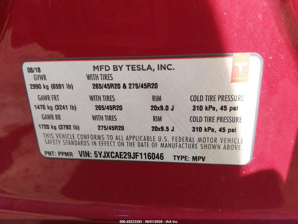 5YJXCAE29JF116046 2018 TESLA MODEL X photo no. 9