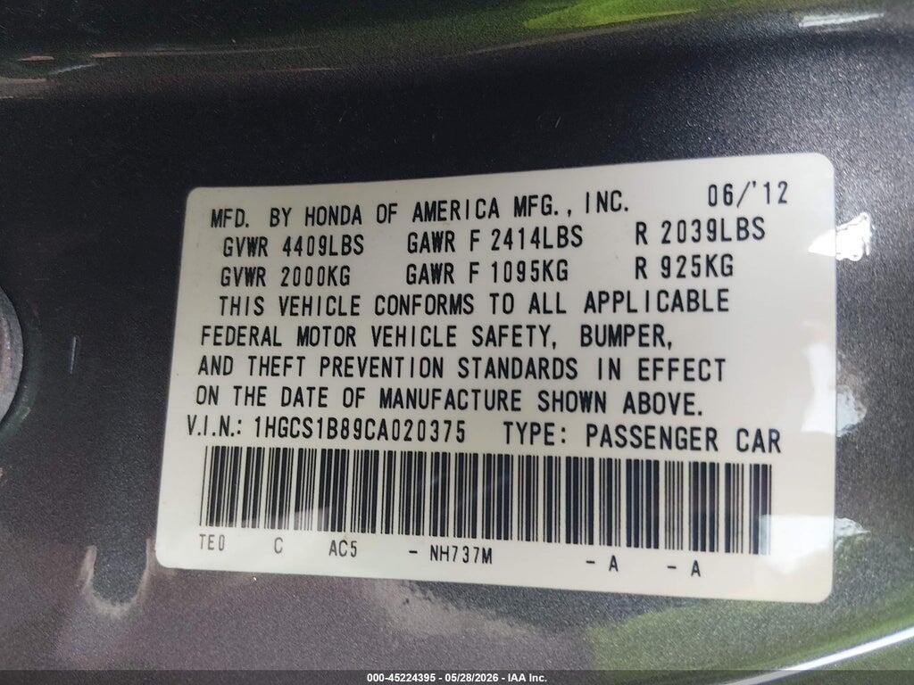 1HGCS1B89CA020375 2012 HONDA ACCORD photo no. 9