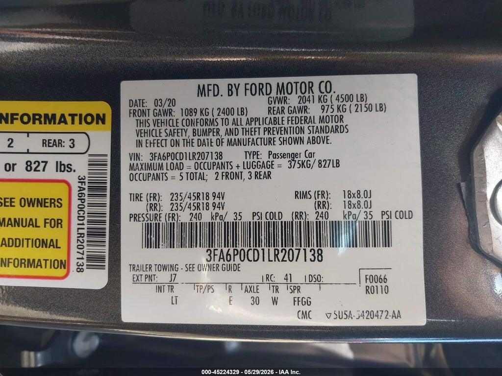 3FA6P0CD1LR207138 2020 FORD FUSION photo no. 9