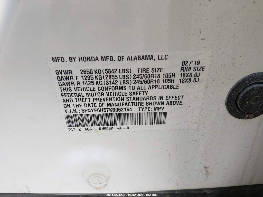 5FNYF6H57KB062164 2019 HONDA PILOT photo no. 9