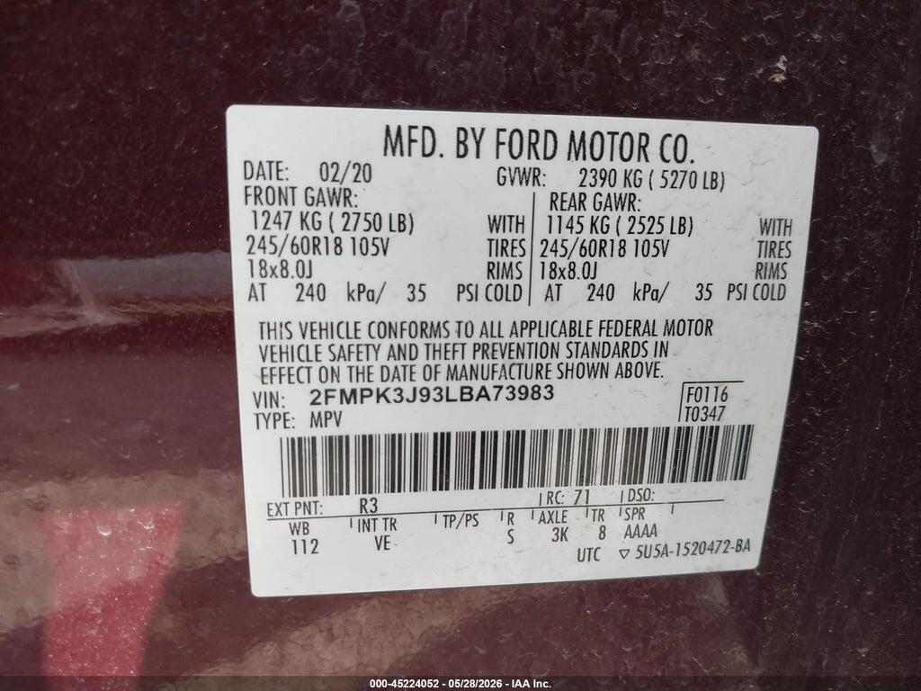 2FMPK3J93LBA73983 2020 FORD EDGE photo no. 9
