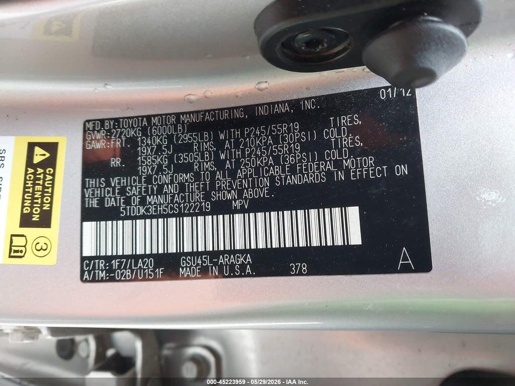 5TDDK3EH5CS122219 2012 TOYOTA HIGHLANDER photo no. 9