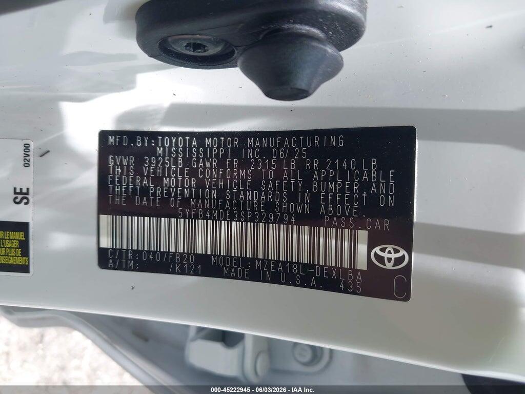 5YFB4MDE3SP329794 2025 TOYOTA COROLLA photo no. 9