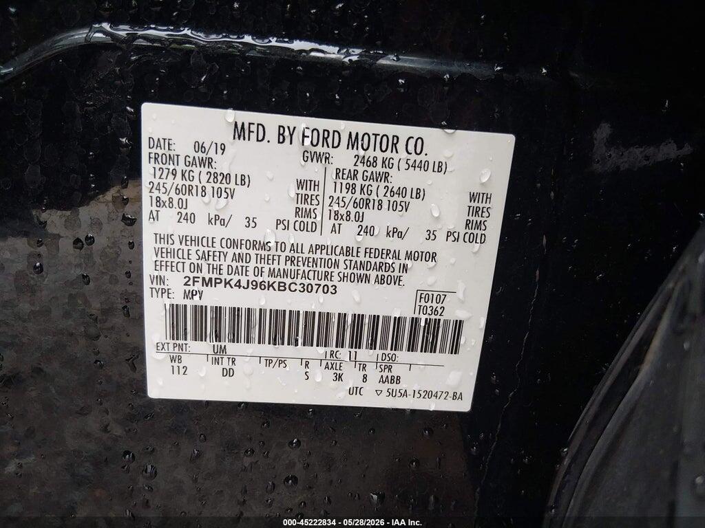 2FMPK4J96KBC30703 2019 FORD EDGE photo no. 9
