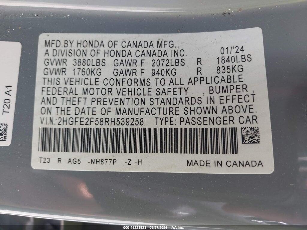 2HGFE2F58RH539258 2024 HONDA CIVIC photo no. 9