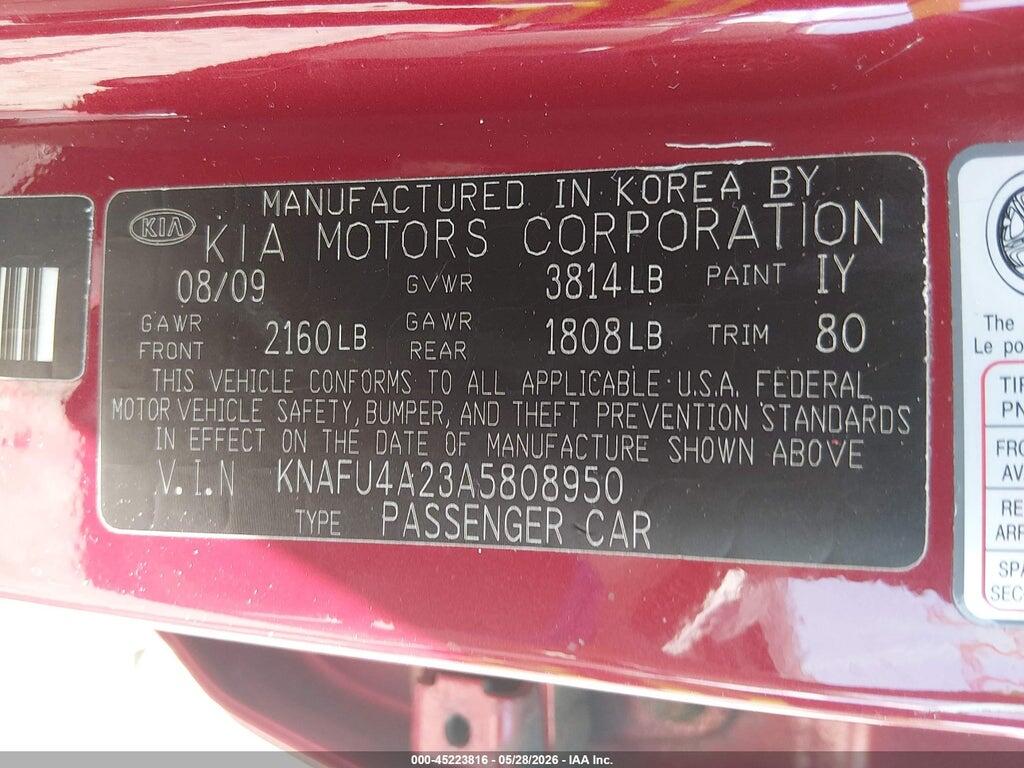 KNAFU4A23A5808950 2010 KIA FORTE photo no. 9