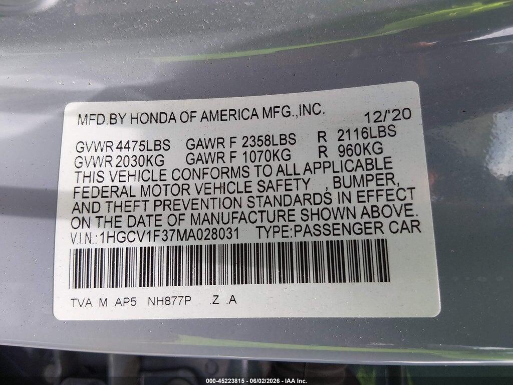 1HGCV1F37MA028031 2021 HONDA ACCORD photo no. 9