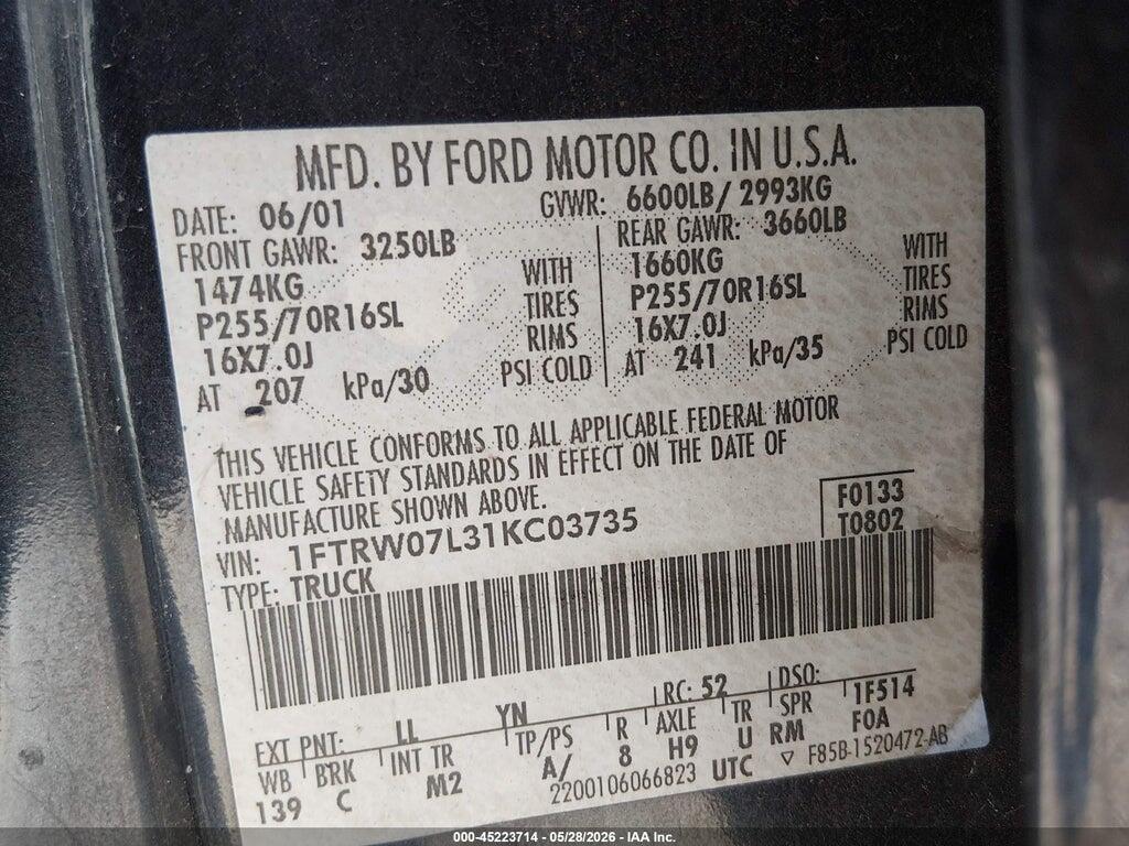1FTRW07L31KC03735 2001 FORD F-150 photo no. 9