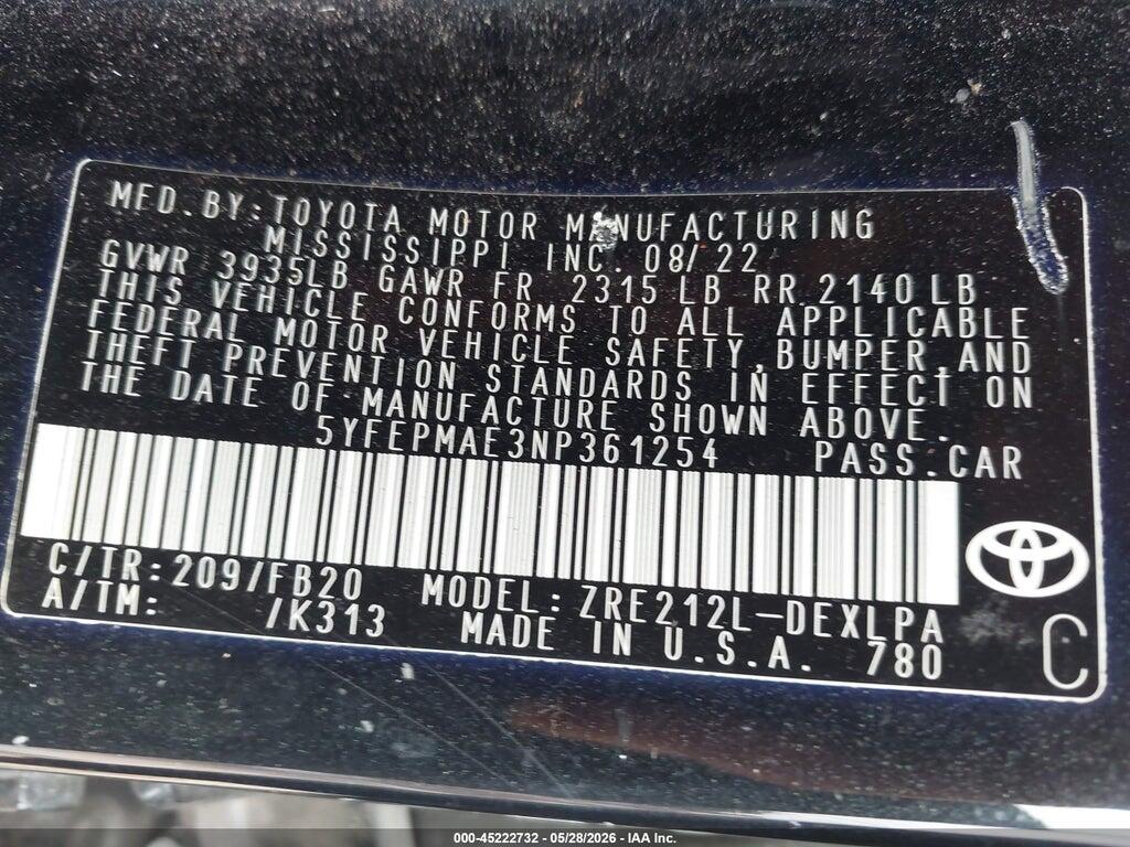 5YFEPMAE3NP361254 2022 TOYOTA COROLLA photo no. 9