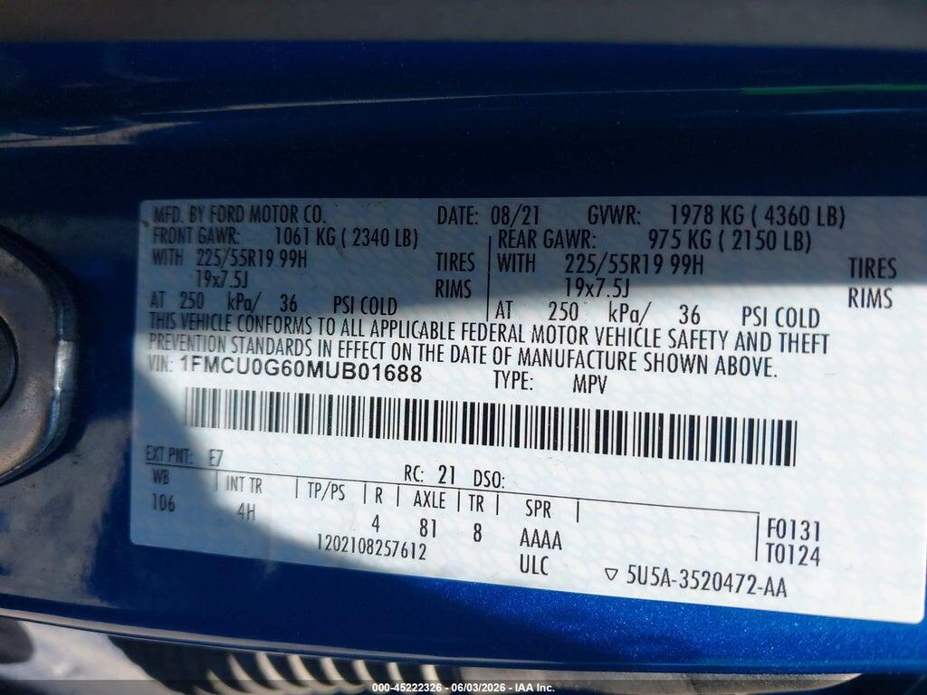 1FMCU0G60MUB01688 2021 FORD ESCAPE photo no. 9