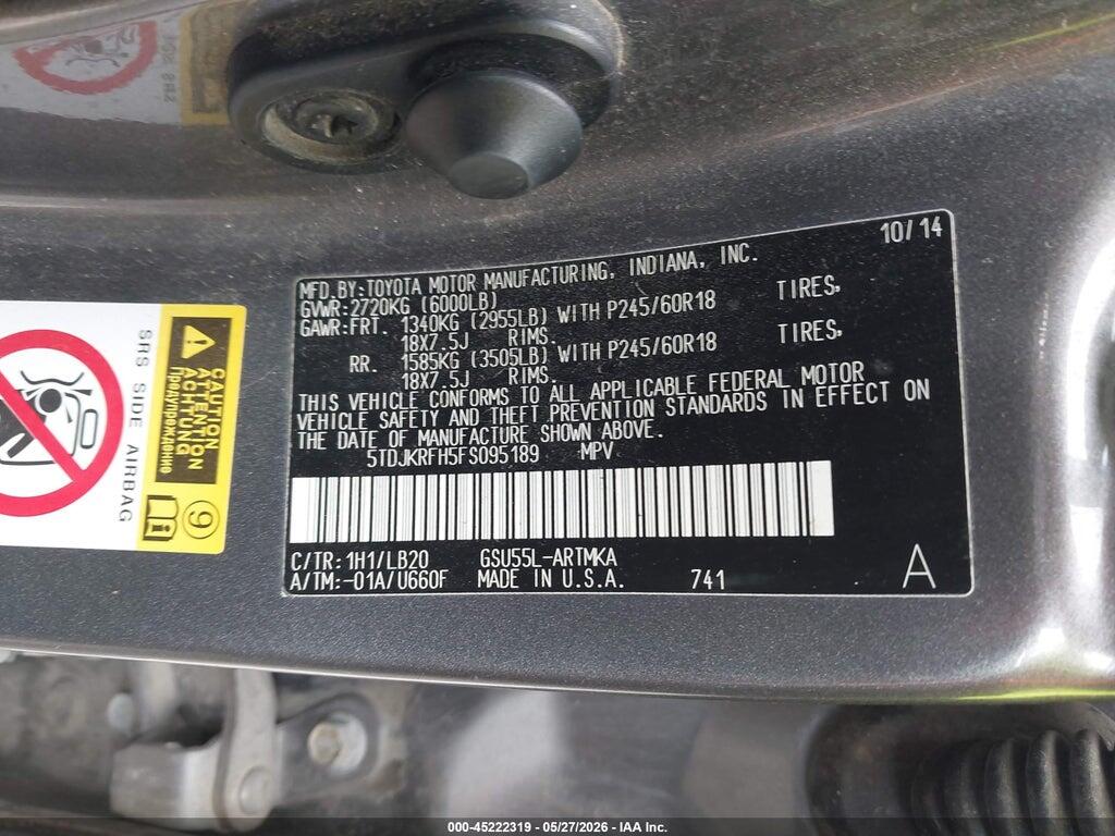 5TDJKRFH5FS095189 2015 TOYOTA HIGHLANDER photo no. 9