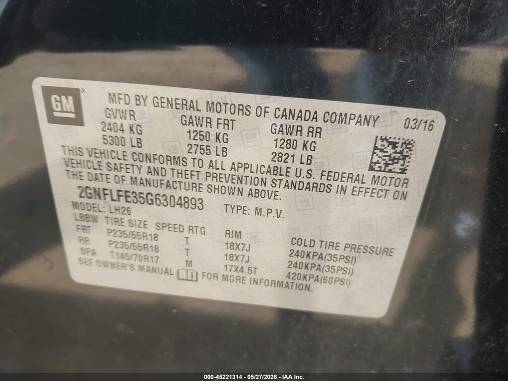 2GNFLFE35G6304893 2016 CHEVROLET EQUINOX photo no. 9