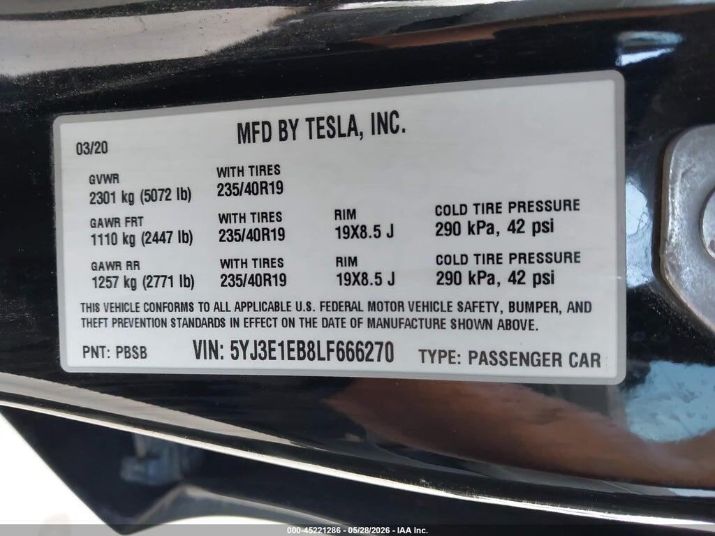 5YJ3E1EB8LF666270 2020 TESLA MODEL 3 photo no. 9