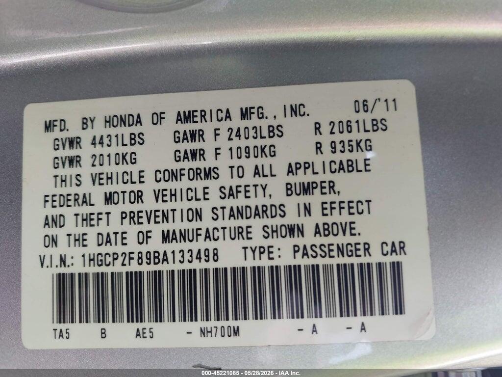 1HGCP2F89BA133498 2011 HONDA ACCORD photo no. 9