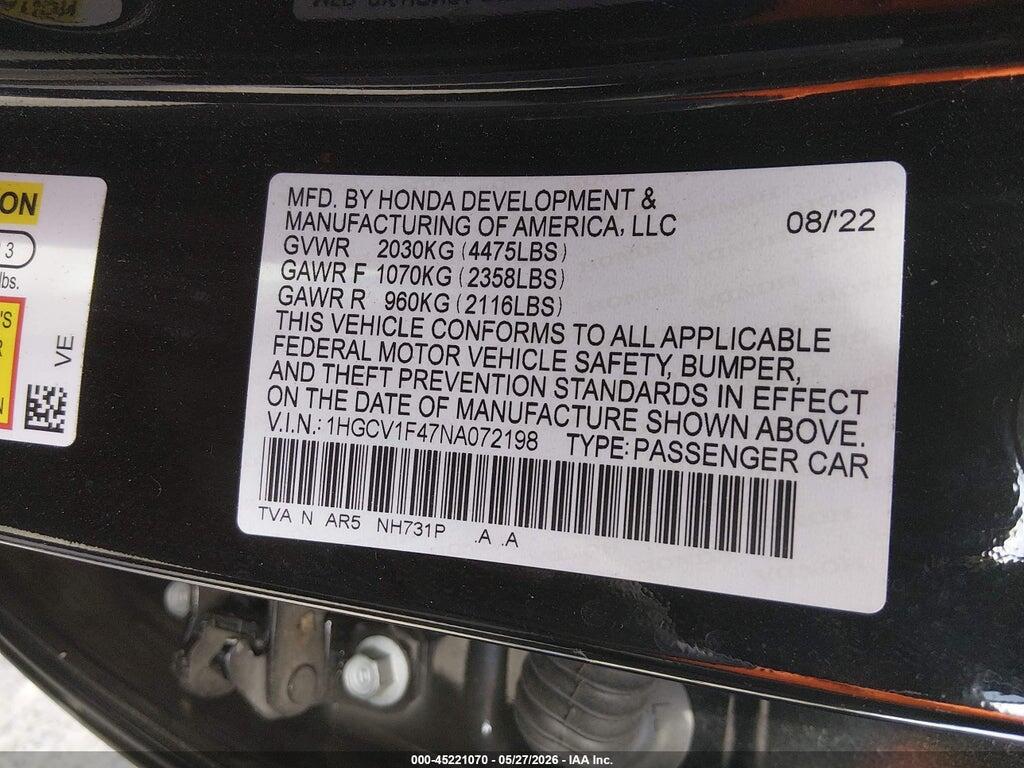 1HGCV1F47NA072198 2022 HONDA ACCORD photo no. 9