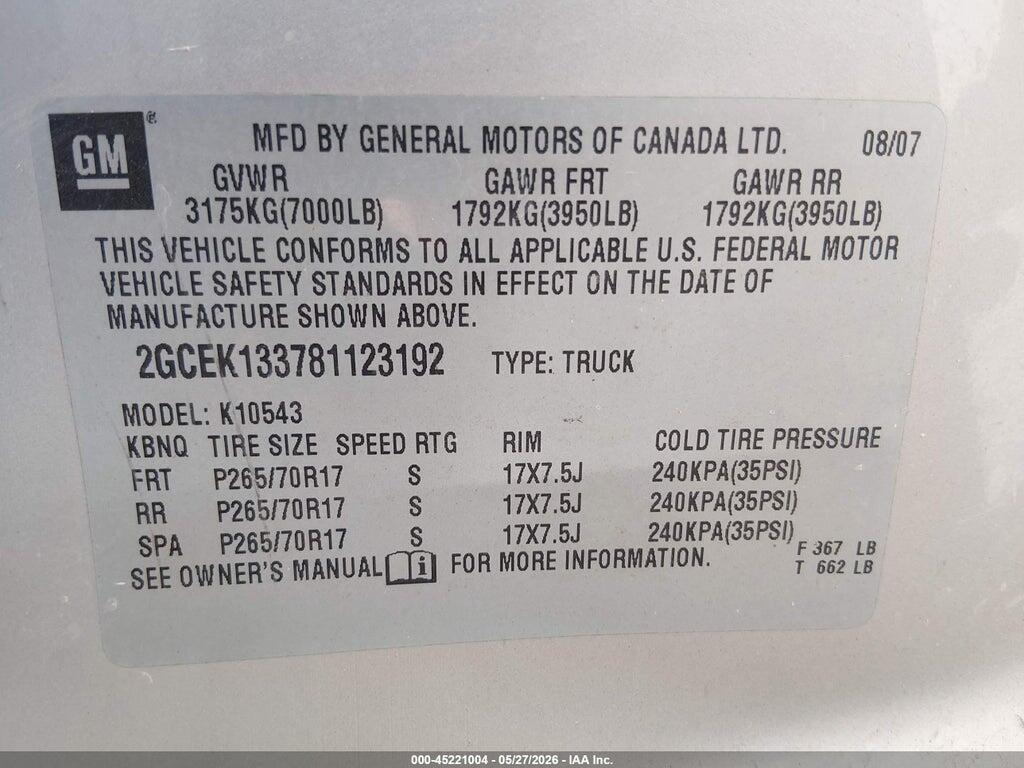 2GCEK133781123192 2008 CHEVROLET SILVERADO 1500 photo no. 9