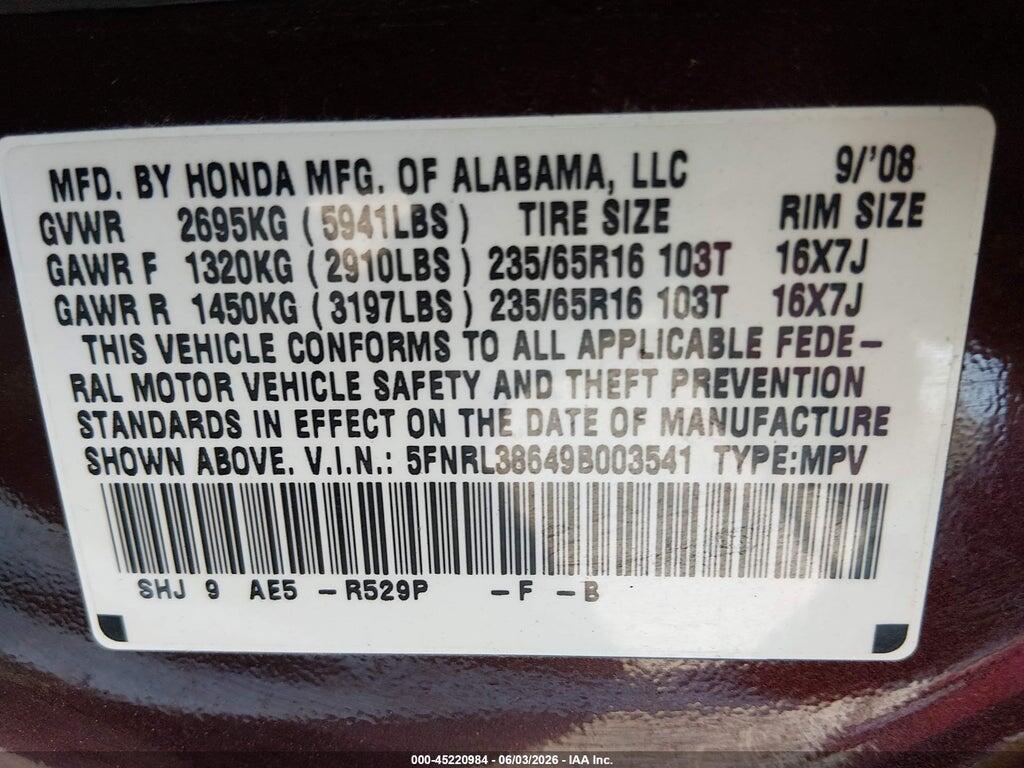 5FNRL38649B003541 2009 HONDA ODYSSEY photo no. 9