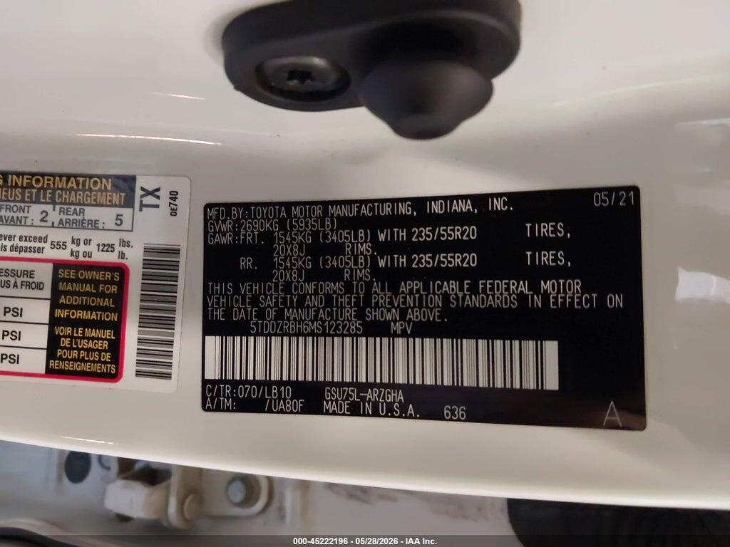 5TDDZRBH6MS123285 2021 TOYOTA HIGHLANDER photo no. 9